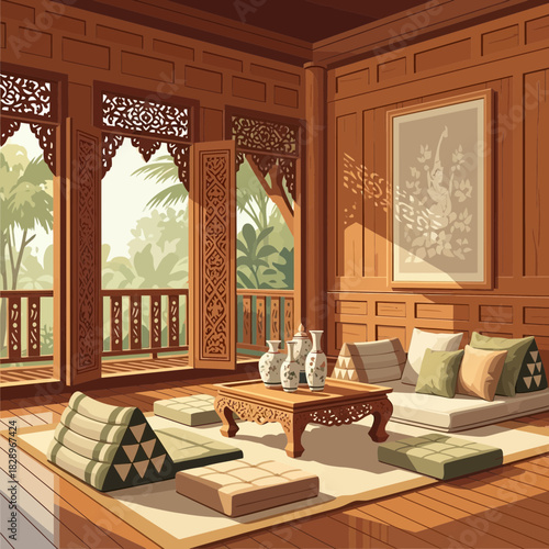 Traditional thai house interior with ornate wood details and relaxation space