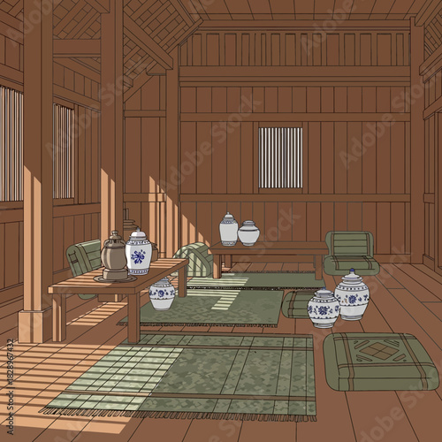 Traditional wooden interior design with antiques and warm lighting atmosphere