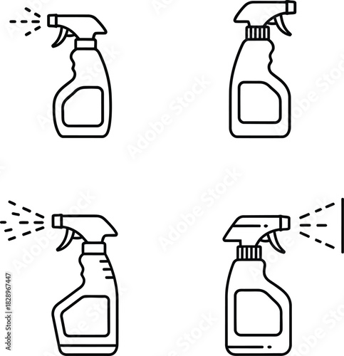 Hand drawn spray bottle collection cleaning supplies disinfectants and sanitizers for home office and personal hygiene in a minimalist style