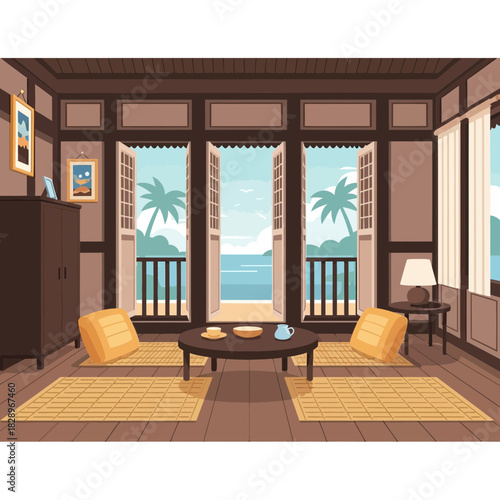 Tropical hideaway interior with ocean view and cozy seating area design