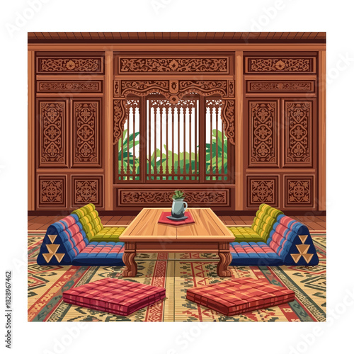 Tranquil thai interior scene with triangle cushions and carved wood accents