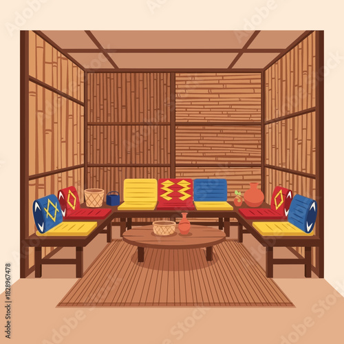 Tropical interior illustration displaying traditional elements and design