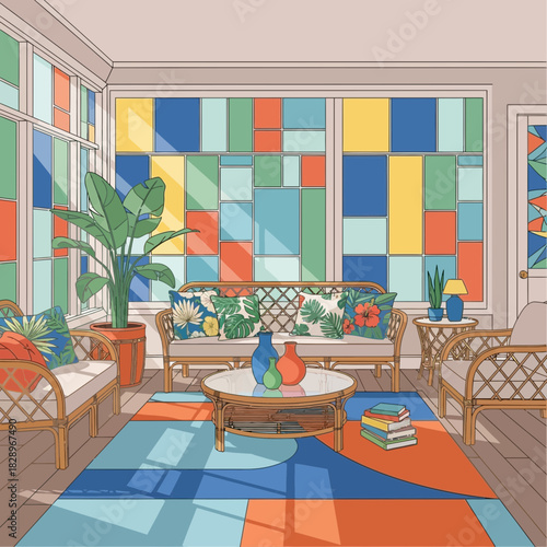 Vibrant Sunroom Design with Rattan Furniture and Geometric Stained Glass Windows