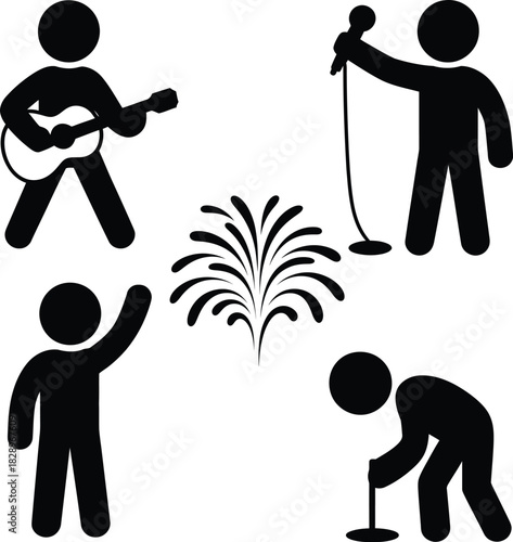 Music performance event celebration icons with stick figures