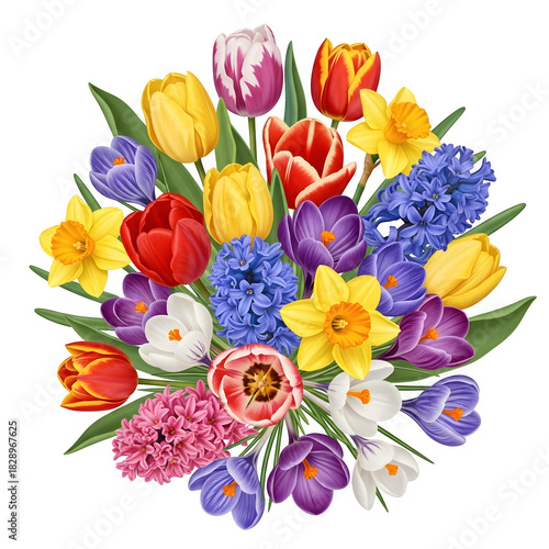 Colorful spring flower bouquet featuring tulips hyacinths daffodils and crocuses