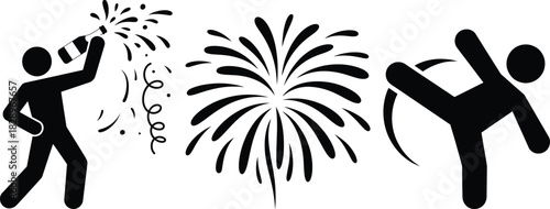 Party celebration, festive fireworks, and energetic kick icons