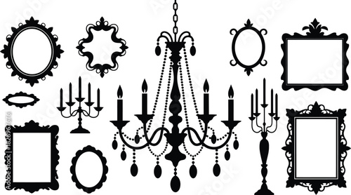 Array of intricate black silhouette frames and graceful candelabras and chandeliers presented on a clean white surface