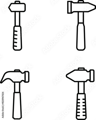 Four hammer illustrations in a simple line art style depicting various types of hammers for construction and carpentry projects
