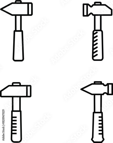 Set of hammer icons in simple line art style depicting different hammer types for construction and repair work on a white background