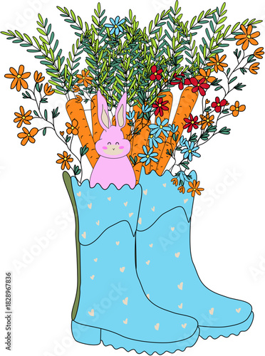 Two Easter Rain Boots with Flowers Carrot and Bunny