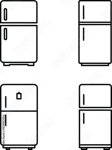 Collection of refrigerator illustrations in simple black and white line art style for design elements and iconography needs in various projects