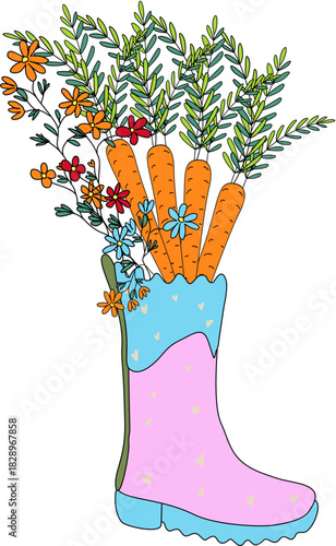Pink Rain Boot with Carrot and Spring Flower Decor