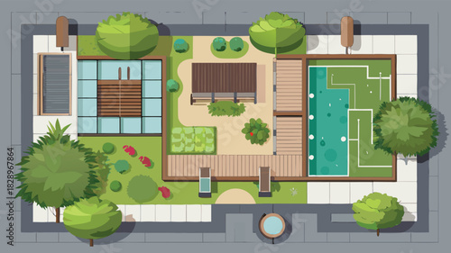 Top View Landscape Cad Design Colourful Plan for Modern Garden, house, courtyard, lawn, cottage of villa, pond, pool. Vector illustration of Cityscape