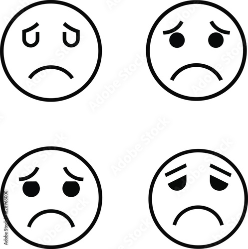 Collection of hand drawn sad face emoticons expressing disappointment and melancholy on a white background for digital communication