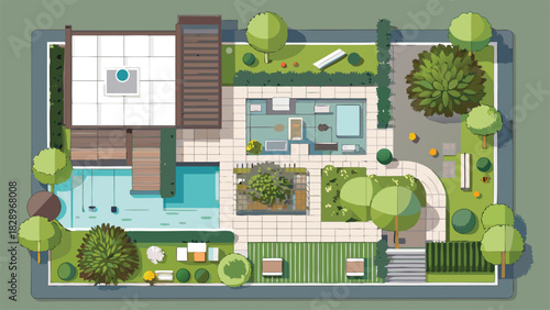 Top View Landscape Cad Design Colourful Plan for Modern Garden, house, courtyard, lawn, cottage of villa, pond, pool. Vector illustration of Cityscape
