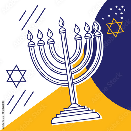 Blue and yellow graphic menorah with star of David and stars hanukkah jewish