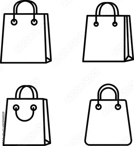 Set of four simple shopping bag icons in black and white outline style for retail commerce and design projects