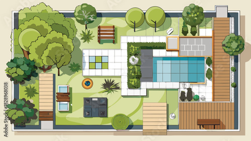 Top View Landscape Cad Design Colourful Plan for Modern Garden, house, courtyard, lawn, cottage of villa, pond, pool. Vector illustration of Cityscape