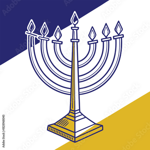 Blue and yellow menorah with seven candle holders on white background hanukkah jewish