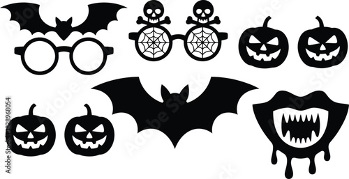Assortment of black Halloween celebration silhouettes including bat glasses skull glasses pumpkins and spooky fangs