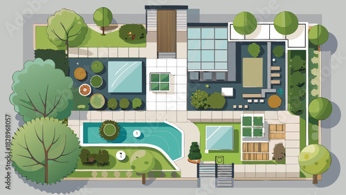 Top View Landscape Cad Design Colourful Plan for Modern Garden, house, courtyard, lawn, cottage of villa, pond, pool. Vector illustration of Cityscape