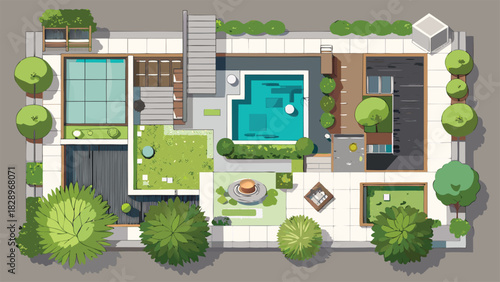 Top View Landscape Cad Design Colourful Plan for Modern Garden, house, courtyard, lawn, cottage of villa, pond, pool. Vector illustration of Cityscape
