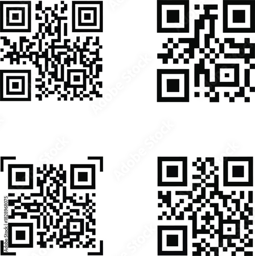 Collection of four unique qr codes on a white background representing digital information technology and modern communication for scanning and data transfer