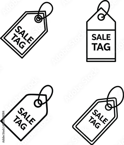 Hand drawn style sale tag icons for retail and marketing simple black and white line art vector illustration of price labels
