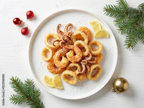 Crispy mixed seafood fry with calamari rings and shrimp served with lemon wedges on a white plate, photographed from above with bright natural light and clean food-photography styling