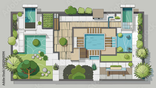 Top View Landscape Cad Design Colourful Plan for Modern Garden, house, courtyard, lawn, cottage of villa, pond, pool. Vector illustration of Cityscape
