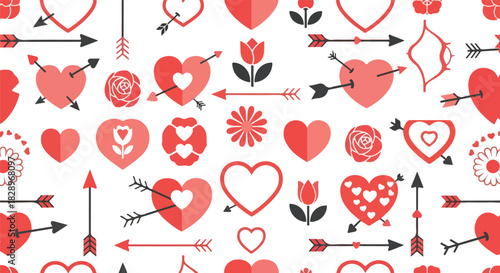 Romantic Heart and Arrow Seamless Pattern with Flower Accents on White Background
