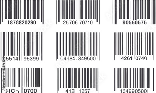Assortment of nine black and white barcode representations used for product tracking and inventory management
