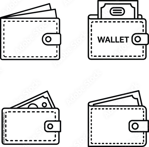 Hand drawn wallet icons in various states of fullness representing finances savings and spending with a simple clean aesthetic