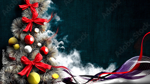 A stylized white Christmas tree with red bows and ornaments on a dark textured background.