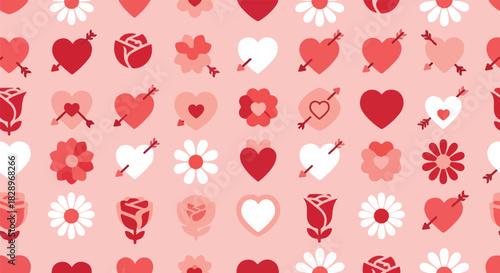 Charming vector illustration featuring a delightful seamless pattern of various heart and flower icons, ideal for romantic event backdrops and loving projects