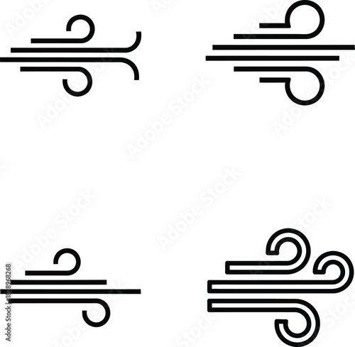 Set of minimalist wind icons representing air flow breeze weather and nature isolated on a white background perfect for graphic design and web use