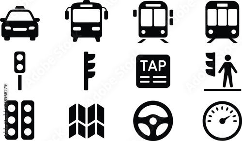 Black and white icons illustrate various modes of public and private urban transportation elements