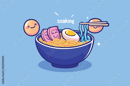A vibrant cartoon illustration showcases a delightful bowl of ramen noodles, complete with toppings like egg and meat, with smiling characters and a light blue background.