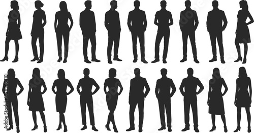 Business People Silhouette Vector Set, Diverse Men and Women Standing in Professional Attire for Corporate and Architectural Scale Graphics