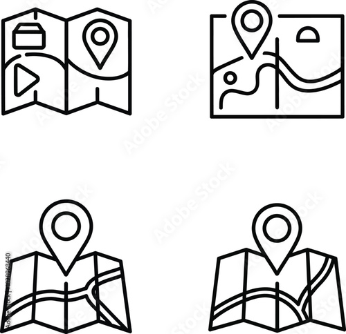 Hand drawn map icons set for navigation and location finding representing travel exploration and route planning in a simple and minimalist style