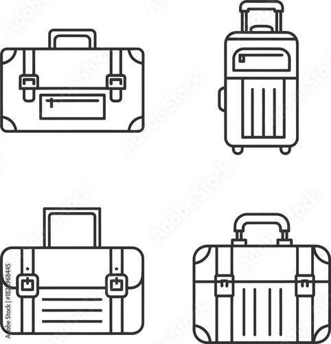 Set of four hand drawn luggage illustrations in outline style perfect for travel blogs websites or print materials with a minimalist aesthetic