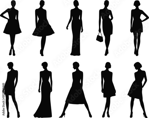 Chic Fashion Model Silhouette Vector Set, Women Posing in Different Dresses, Short, Long, and Cocktail Attire for Glamour Graphics
