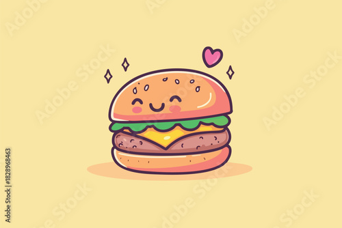 A charming cartoon illustration of a happy hamburger with a smiling face, cheese, lettuce, and a heart, set against a soft yellow background, perfect for food-related designs.