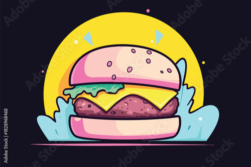 A vibrant cartoon illustration showcases a delicious, colorful hamburger with cheese, lettuce, and a patty, set against a bright yellow sun-like backdrop, perfect for food-related designs.