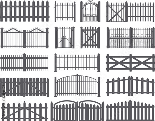 Decorative Fence and Gate Collection Vector, Residential Architecture, Garden Barrier, Picket and Wrought Iron Panels, Isolated Set