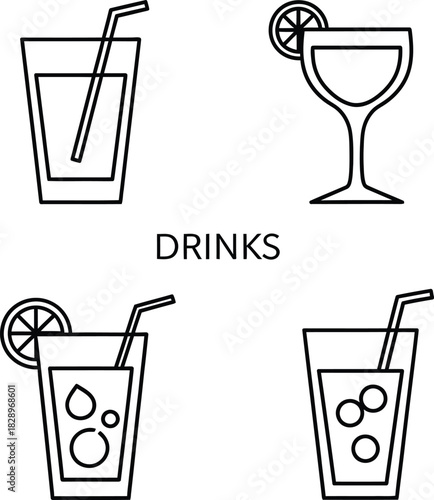 Minimalist drink icons set featuring a variety of beverages in different glassware perfect for menus and design projects