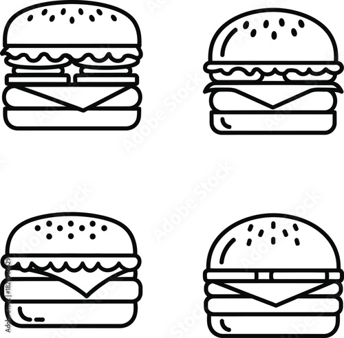 Simple burger outline icons in a grid pattern with different layers and toppings for a clean design aesthetic