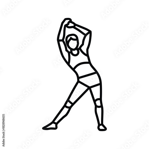Outline icon of a person doing a side stretch exercise with arms raised, isolated on