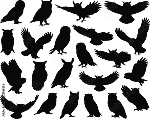 Diverse Owl Silhouettes Vector Collection, Set of Night Birds of Prey in Various Flying and Perching Poses
