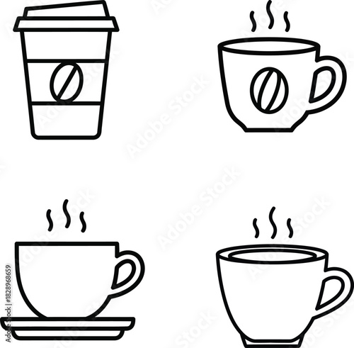 Coffee icons set vector illustration of coffee cup mug and takeout cup in simple outline style for design and decoration